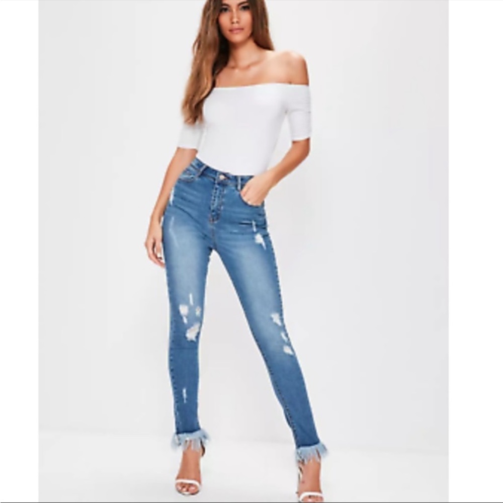Missguided Denim Distressed Skinny Jeans with Fringe Ankles